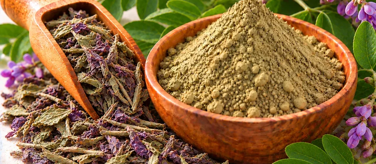 Indigo leaves, flowers and indigo leaf powder