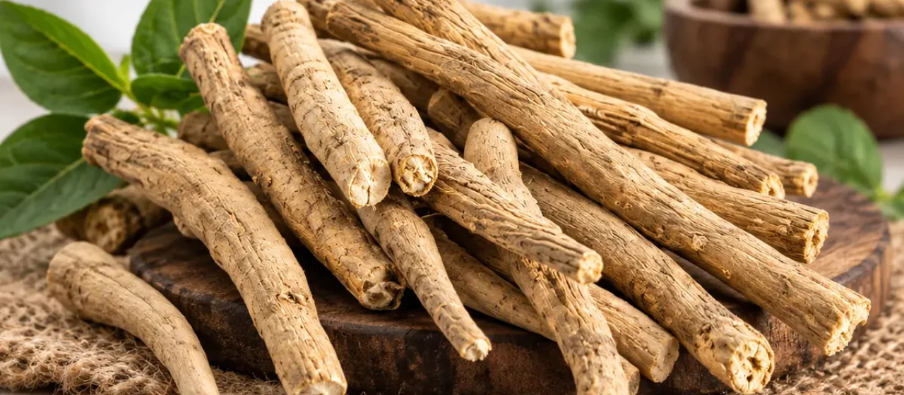 Dried ashwagandha roots on a wooden board