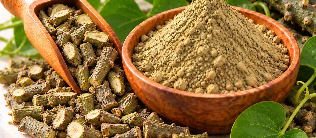 Guduchi (giloy) stem pieces and powder in a wooden bowl