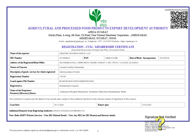 APEDA-certificaat van Arizone International LLP