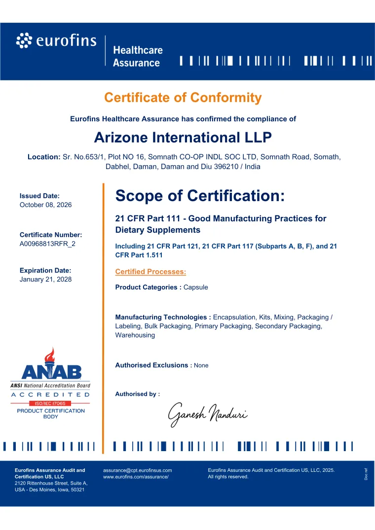 Certificado Eurofins GMP (21 CFR 111) de Arizone International LLP