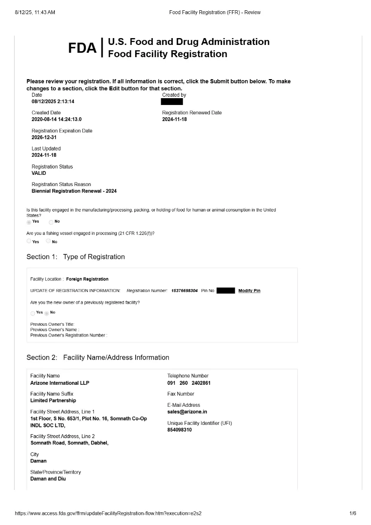 Amerikaanse FDA-registratie-certificaat van Arizone International LLP