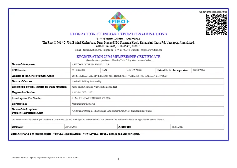 FIEO-certificaat van Arizone International LLP