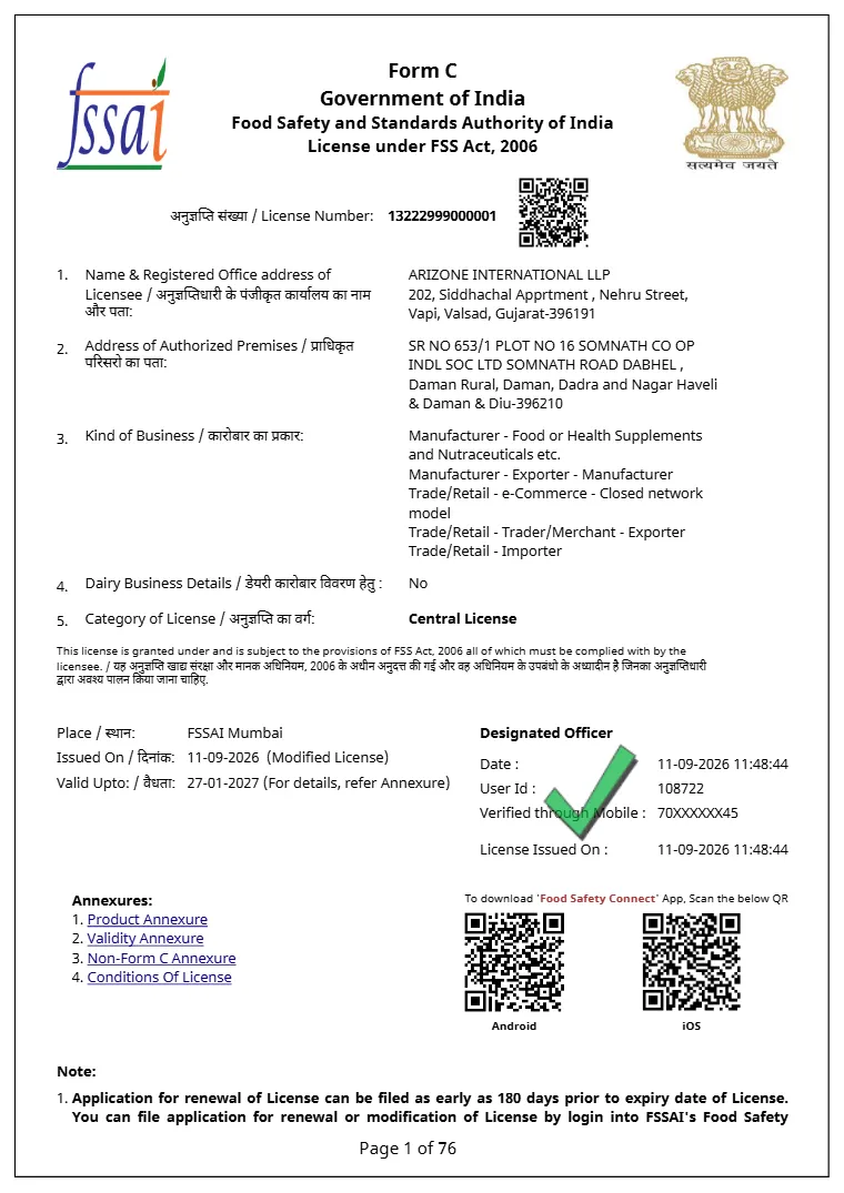 Centrale FSSAI-licentie-certificaat van Arizone International LLP