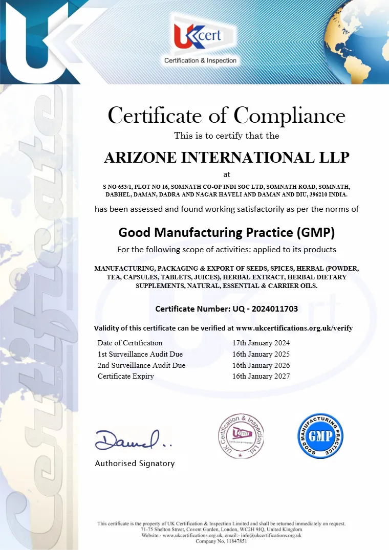 GMP-certificaat van Arizone International LLP