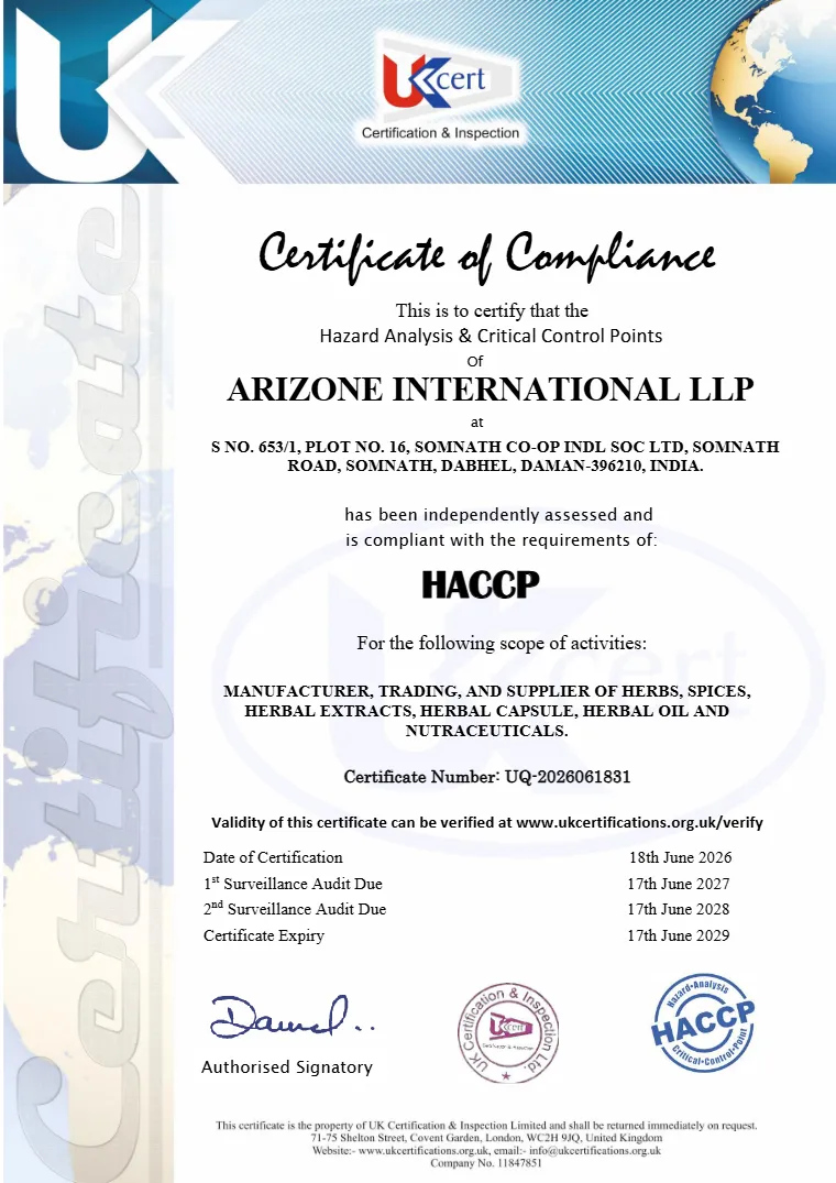 HACCP-certificaat van Arizone International LLP