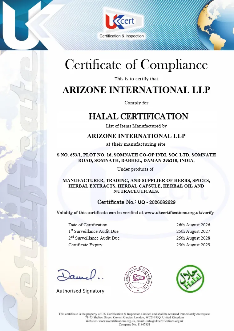 Halalcertificering-certificaat van Arizone International LLP
