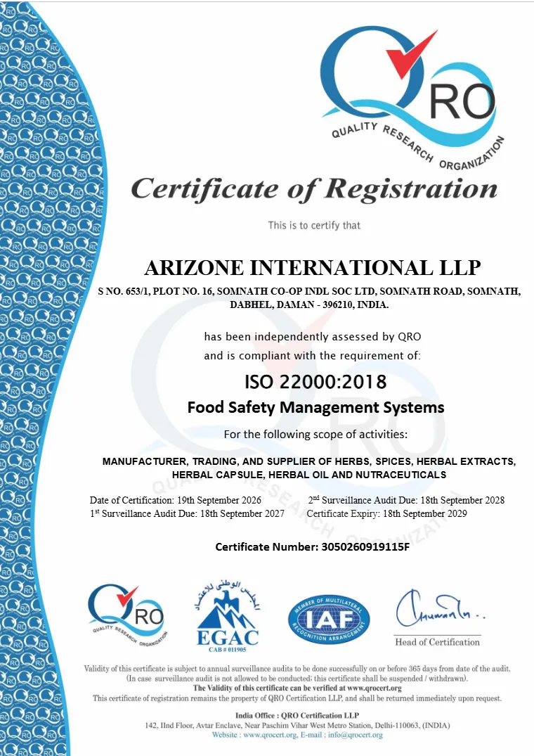 ISO 22000:2018-certificaat van Arizone International LLP