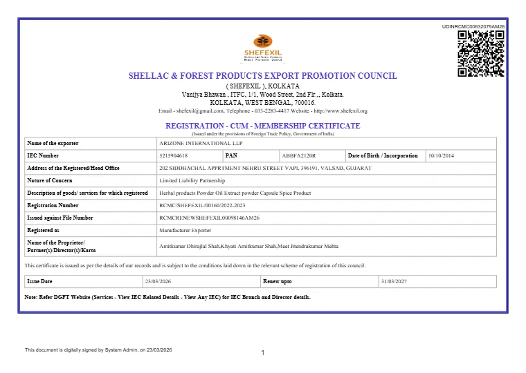 SHEFEXIL-certificaat van Arizone International LLP