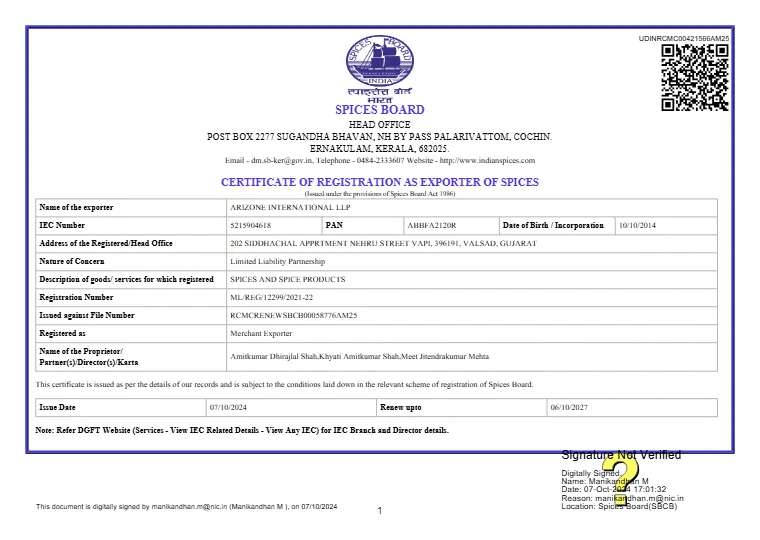 Spices Board India-certificaat van Arizone International LLP