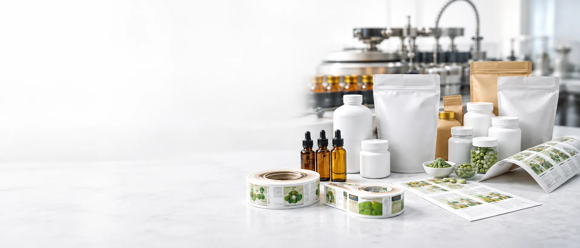 Supplement bottles, pouches, dropper bottles and capsules ready for private label packing