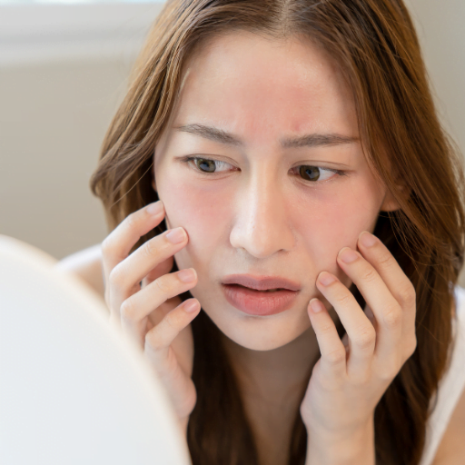 Women Looking Face Skin Infection in Mirror