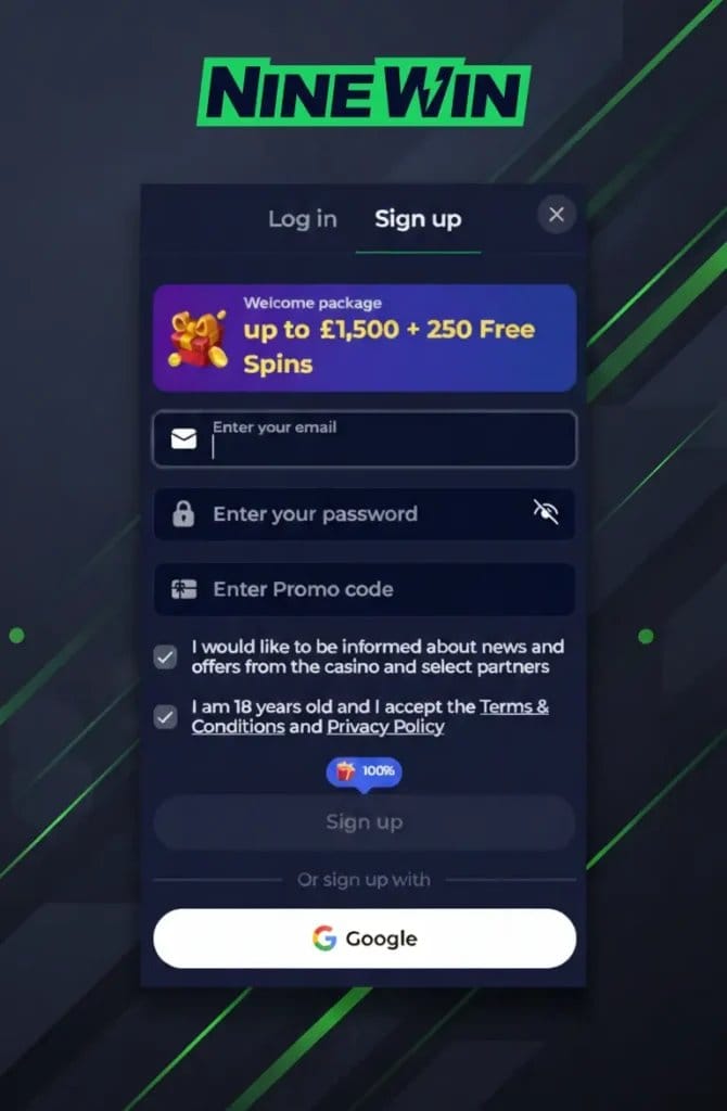 First steps – what you’ll see when you land on NineWin Casino UK